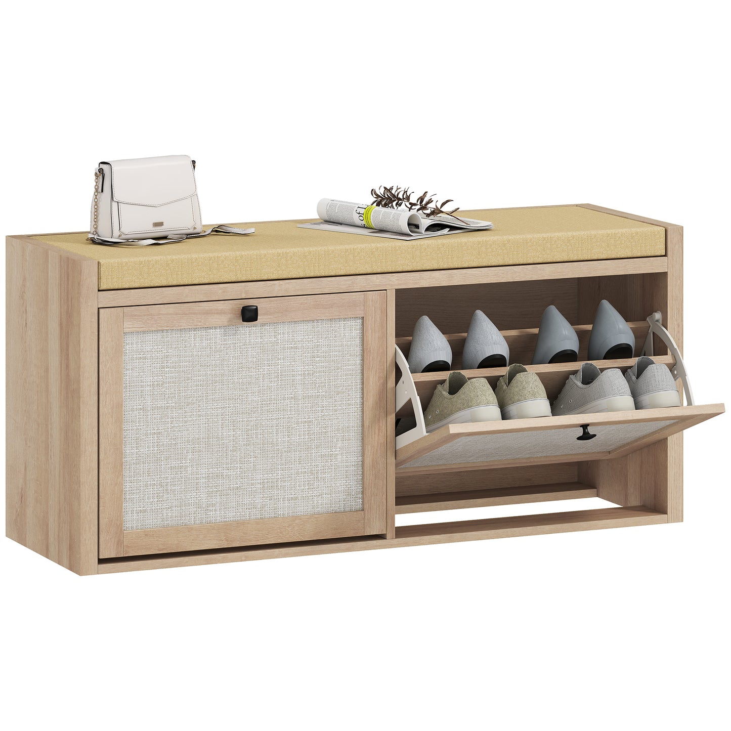 Shoe Bench with 2 Rattan Doors, Shoe Storage Bench with Padded Cushion Seat for Hallway, Living Room, Bedroom, Oak Wood Effect