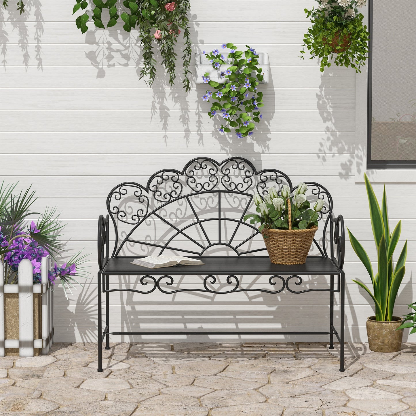 Garden Bench, Metal Outdoor Patio Garden Loveseat, Black