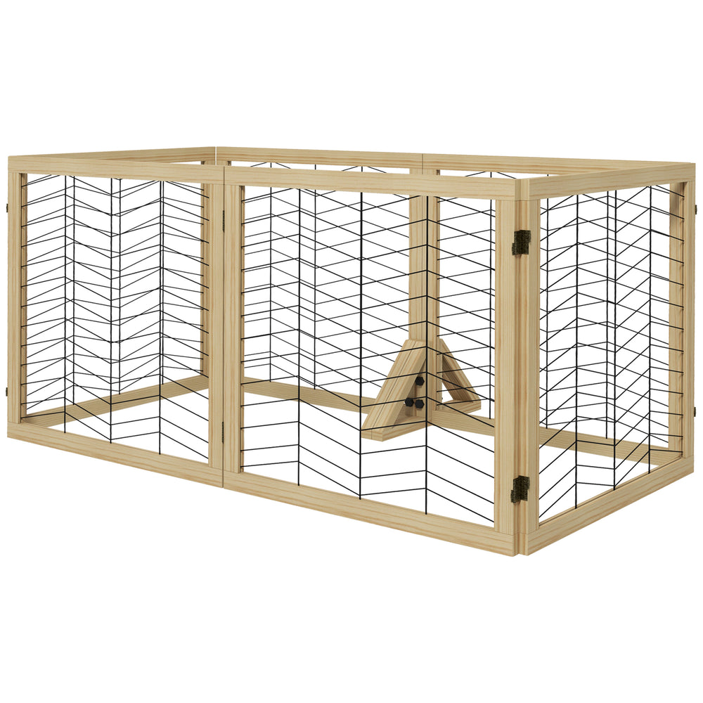 6 Panels Pet Gate, Wooden Foldable Dog Barrier w 2PCS Support Feet, for Small Medium Dogs - Natural Wood Finish