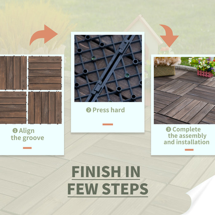 27 Pcs Solid Wood Interlocking Decking Tiles For Patio, Balcony, Roof Terrace, Hot Tub, Black, (30 x 30 cm Per Piece)