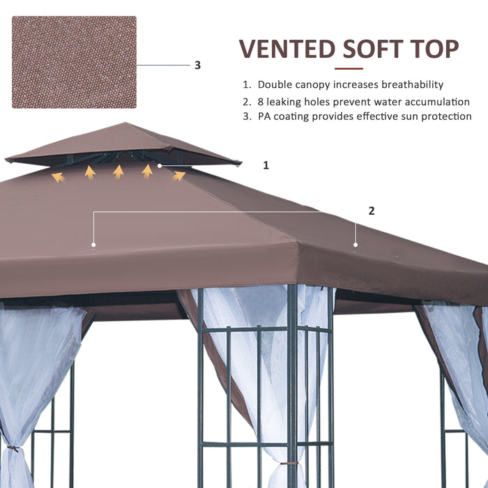 3 x 3(m) Patio Gazebo Canopy Garden Pavilion Tent Shelter with 2 Tier Roof and Mosquito Netting, Steel Frame, Coffee