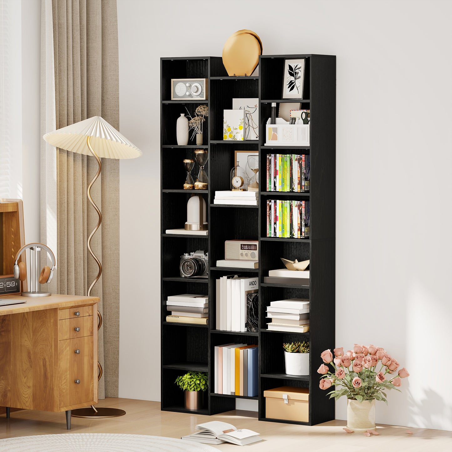 Tall Bookshelf with 21 Compartments and 10 Adjustable Shelves, Black