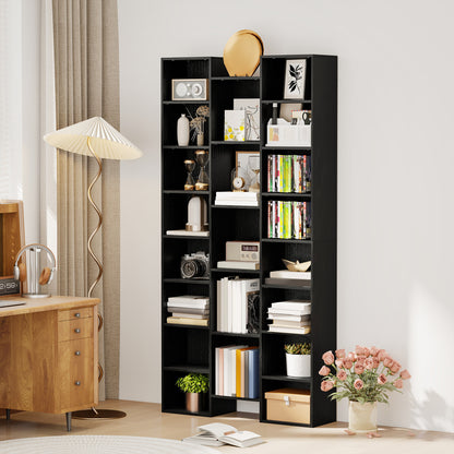 Tall Bookshelf with 21 Compartments and 10 Adjustable Shelves, Black