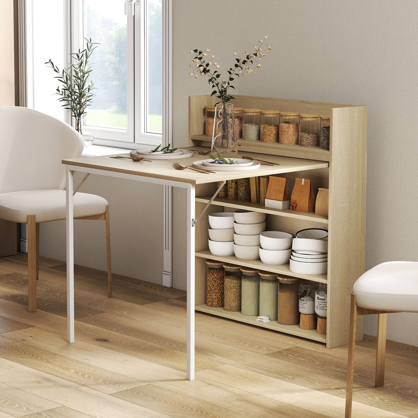 Folding Dining Table, Kitchen Table with Shelves Oak Wood Effect