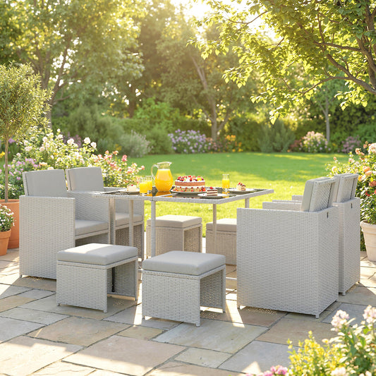 9 Piece Rattan Garden Dining Set with Table, 4 Chairs, 4 Stools and Cushions - Light Grey
