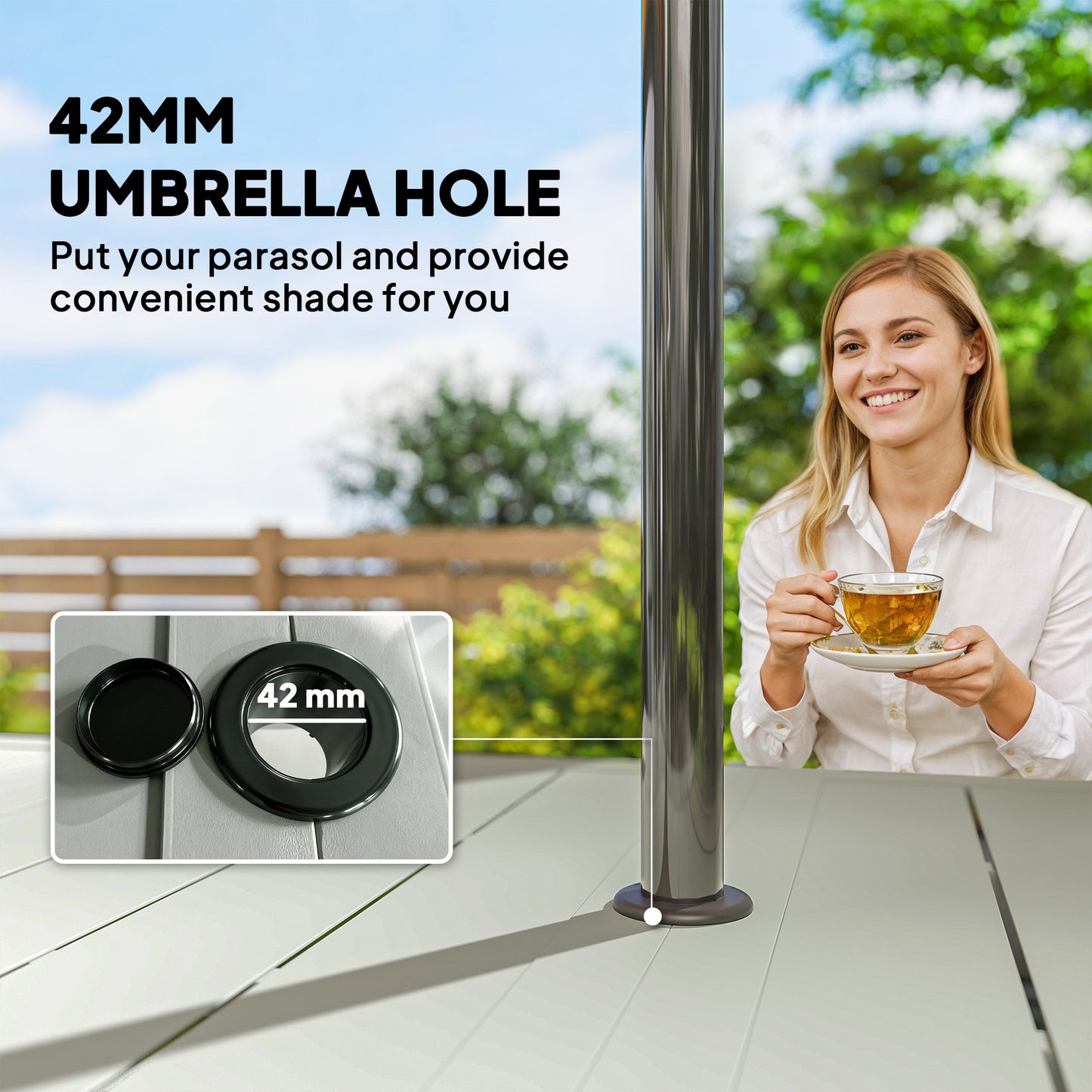 Garden Dining Table with Steel Frame and Slatted Top, Light Grey