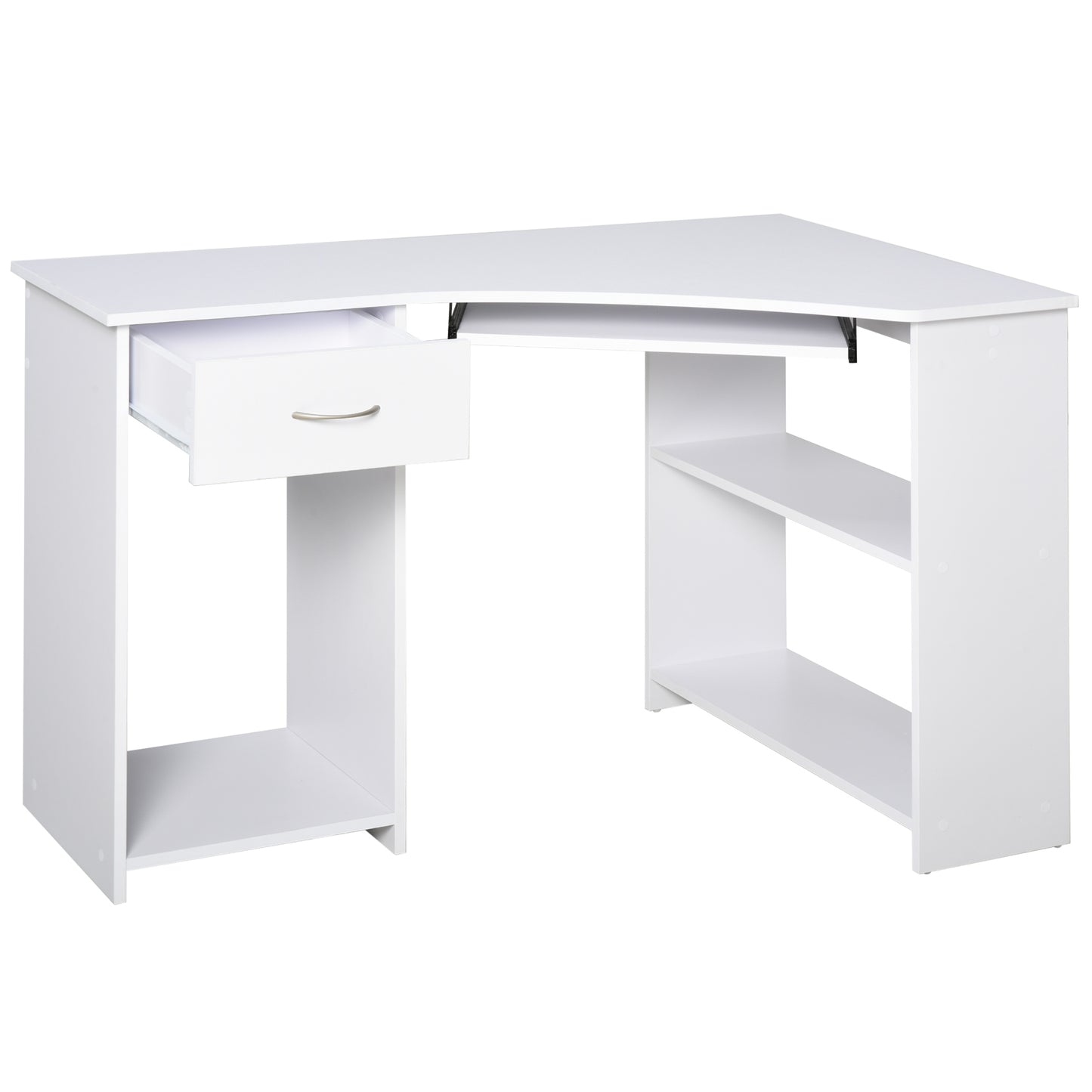L-Shaped Corner Computer Desk w/ 2 Shelves Worktop Keyboard Tray White