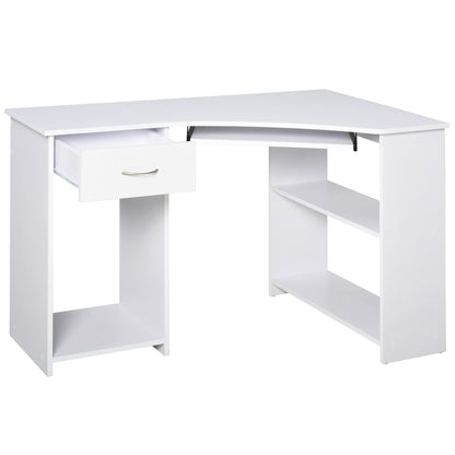 L-Shaped Corner Computer Desk w/ 2 Shelves Worktop Keyboard Tray White