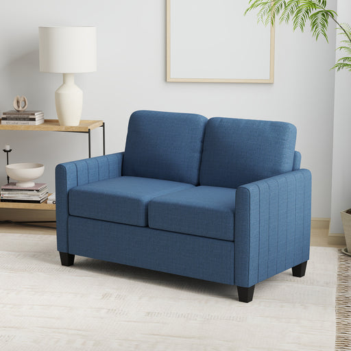 2 Seater Sofa, Channel Tufted Modern Fabric Couch, Comfy Upholstered Loveseat with Spring Cushion, Back Pillow, for Living Room, Bedroom, Office, Blue