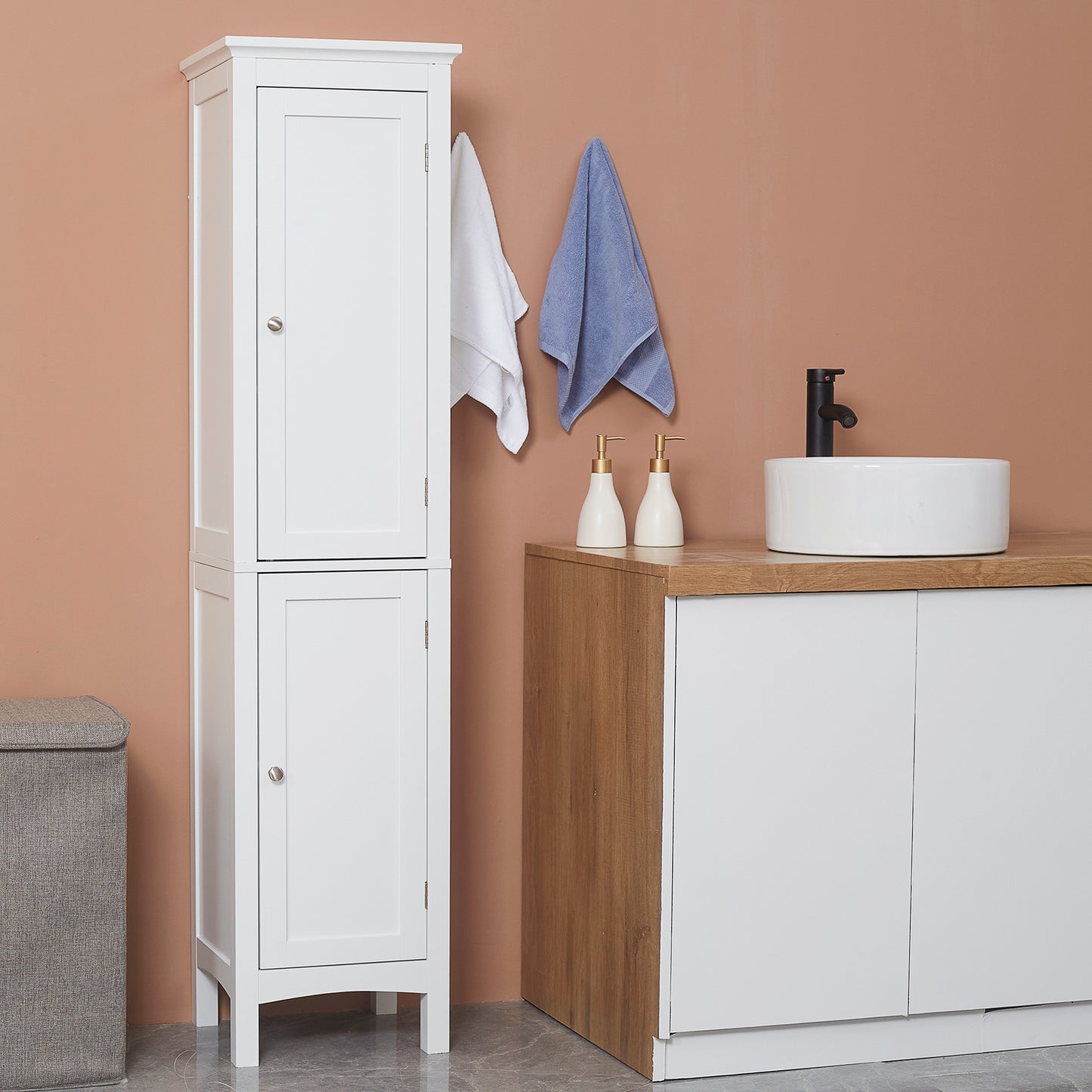 Tall Bathroom Cabinet with Adjustable Shelves, Double Door, White