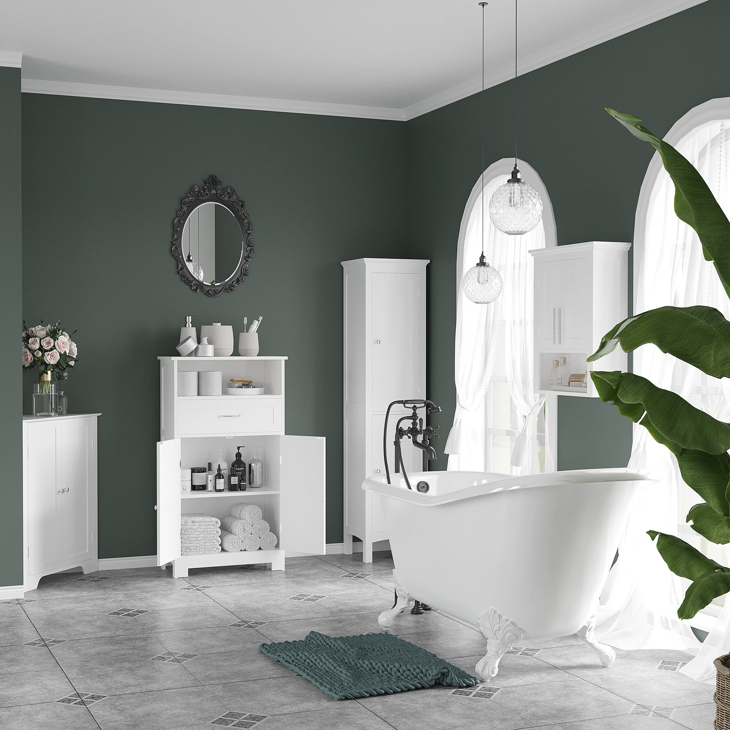 Tall Bathroom Cabinet with Adjustable Shelves, Double Door, White