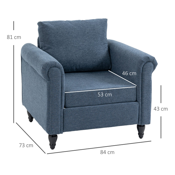 Vintage Accent Chair, Tufted Upholstered Lounge Armchair Single Sofa Chair with Rubber Wood Legs, Rolled Arms, Blue