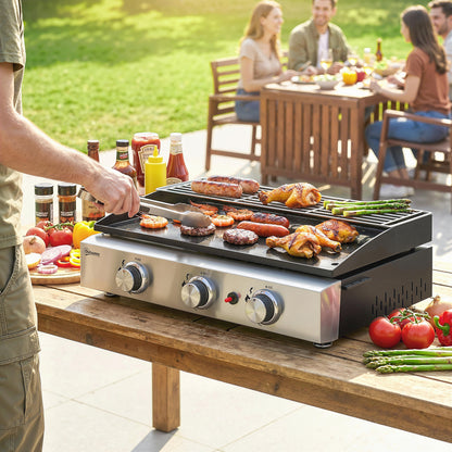3 Burner Grill Griddle, Tabletop Gas BBQ with Grease Cup, Black