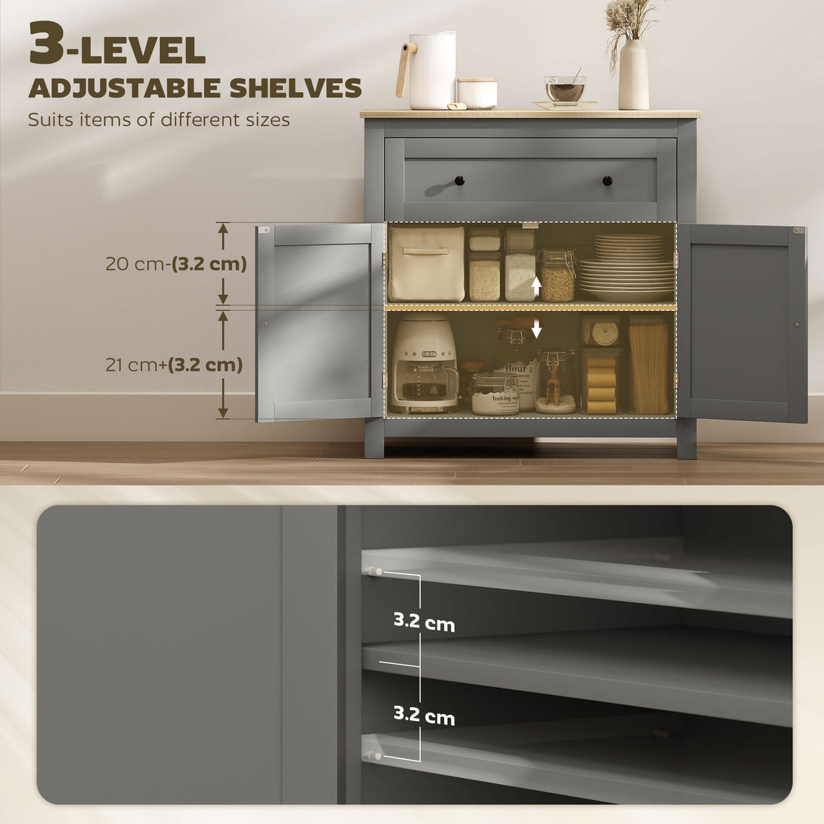 Sideboard Storage Cabinet with Adjustable Shelf, Drawer, Grey