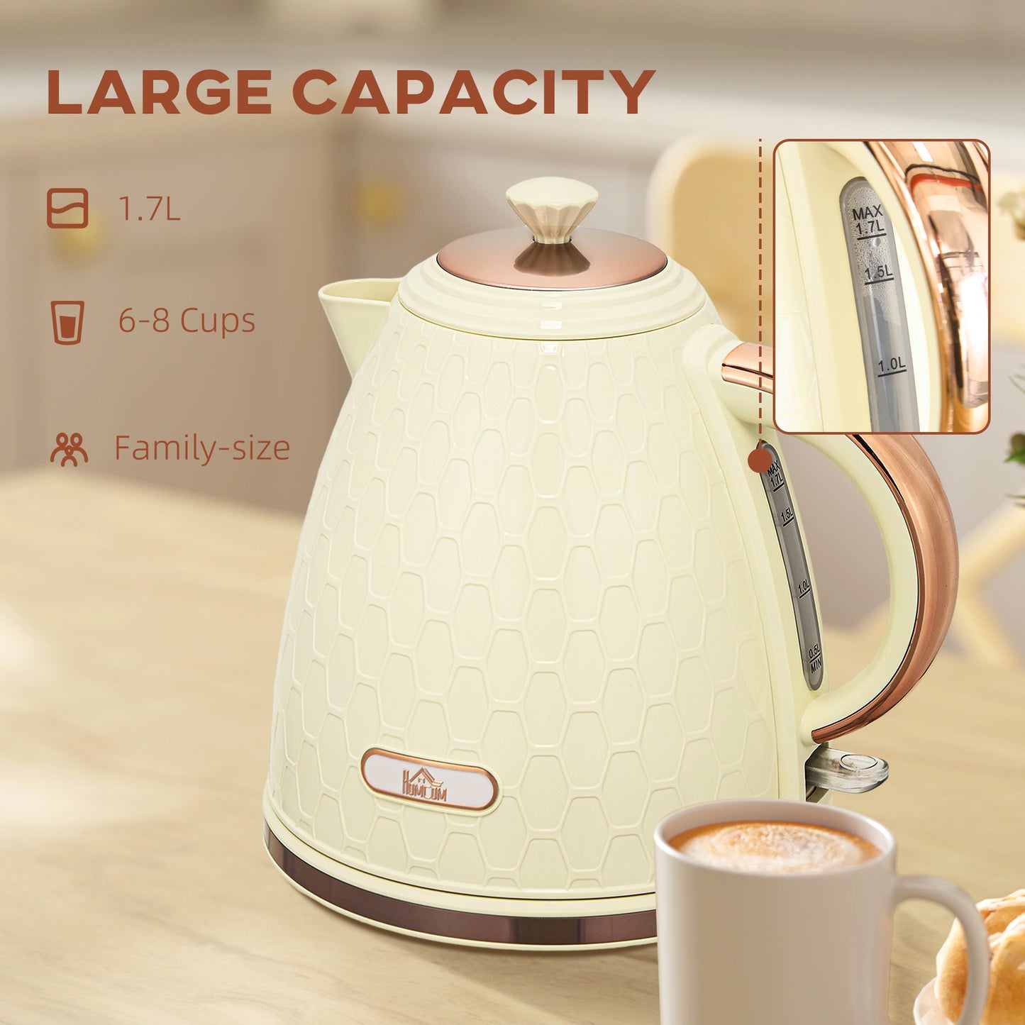 Electric Kettle, Fast Boil, 1.7L, 3KW, Swivel, Auto Shut-off, Beige