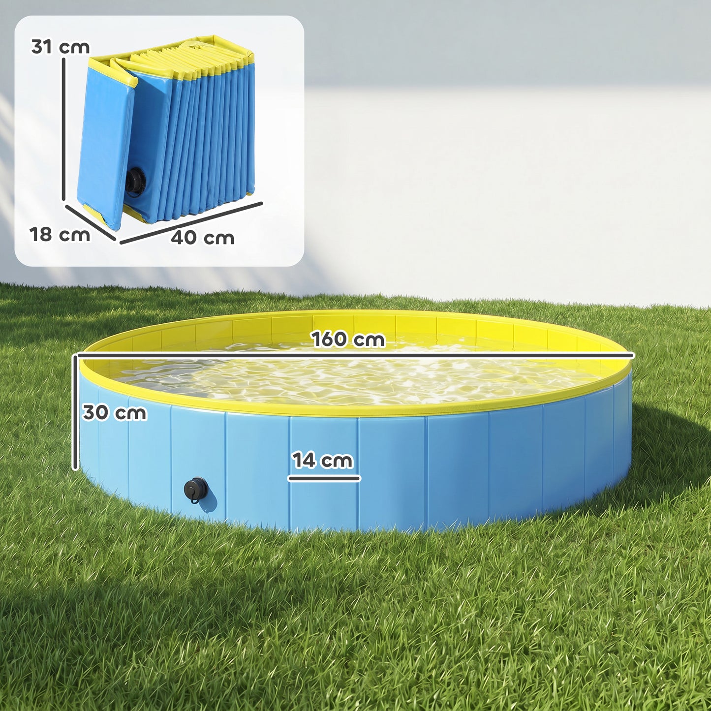 Foldable Dog Pool for Puppies and Ducks, Thickened PVC Dog Paddling Pool Bath Tub Hard Board, Anti-Slip Bottom and Hose Adapter for Easy Drainage, 160 x 30cm, Blue and Yellow