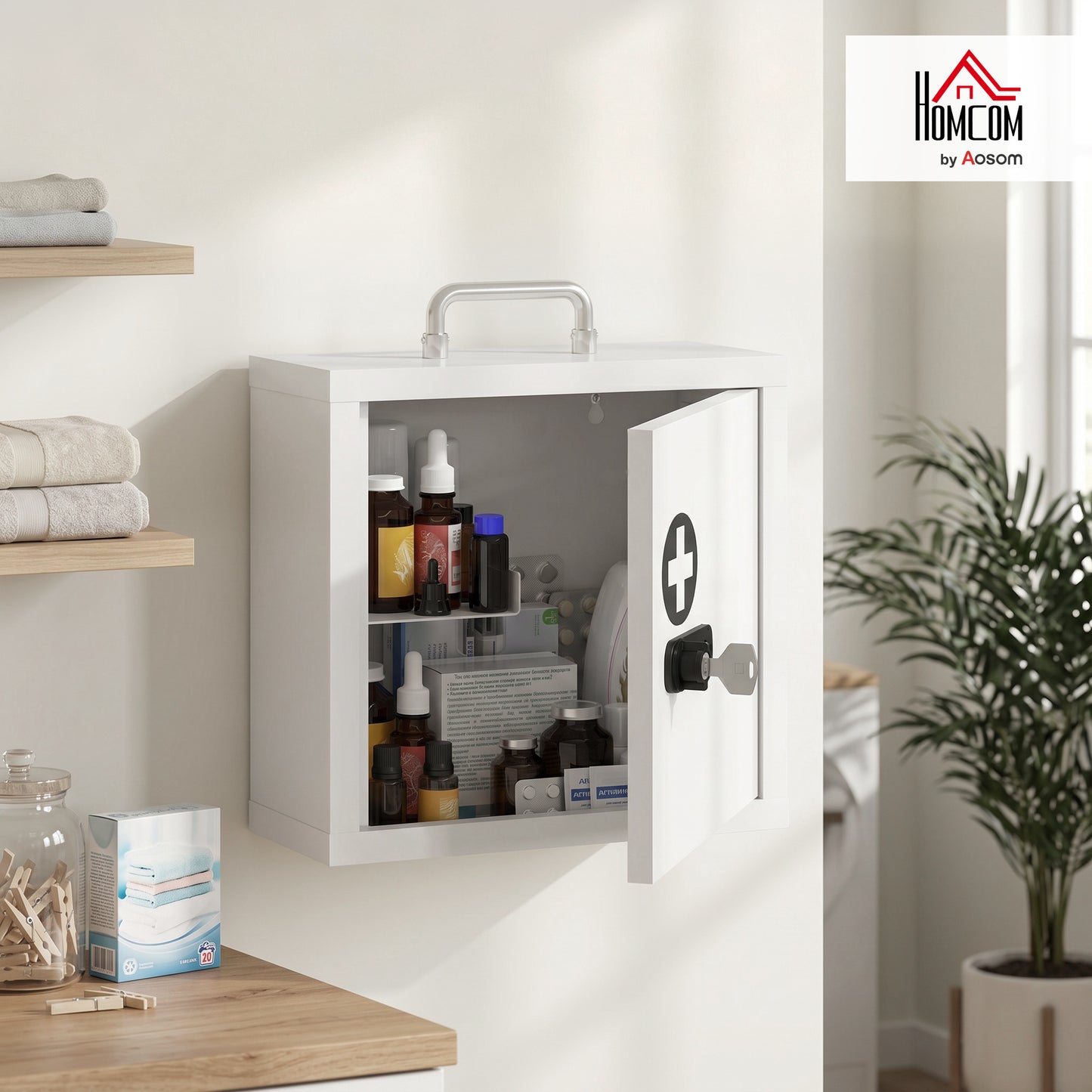Medicine Cabinet, Medical Cabinet w/ Combination and Key Lock, White