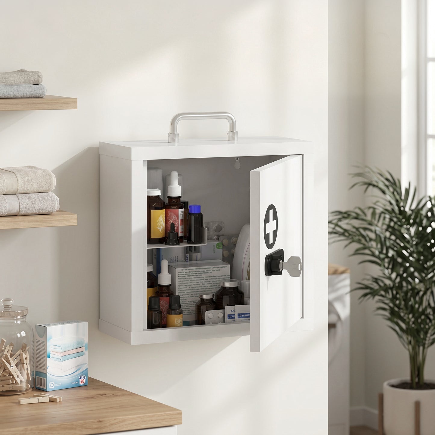 Medicine Cabinet, Medical Cabinet w/ Combination and Key Lock, White