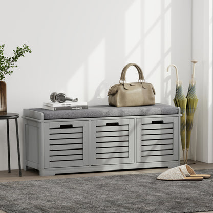 3-Door Shoe Storage Bench Cushion Seat Slatted Doors, Grey