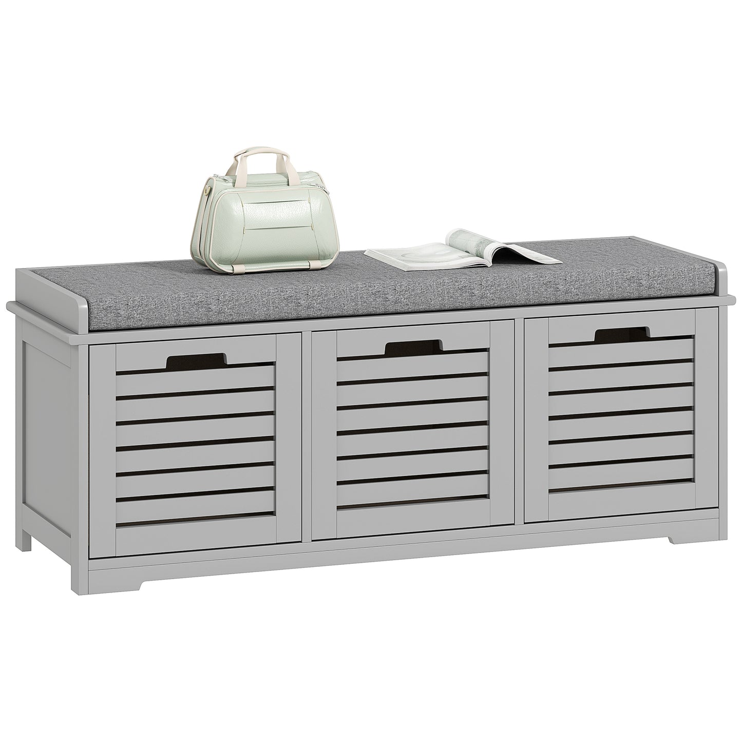 3-Door Shoe Storage Bench Cushion Seat Slatted Doors, Grey