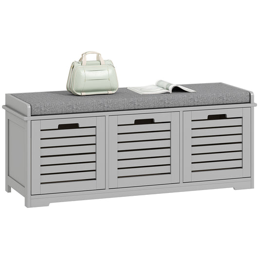 3-Door Shoe Storage Bench Cushion Seat Slatted Doors, Grey