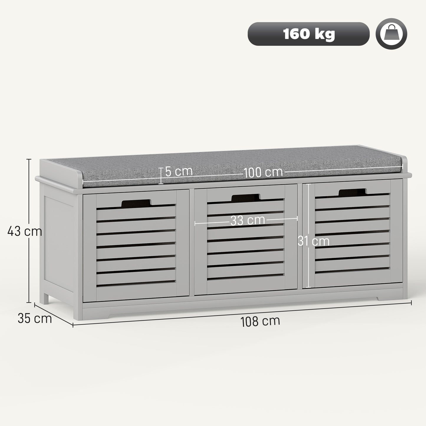 3-Door Shoe Storage Bench Cushion Seat Slatted Doors, Grey