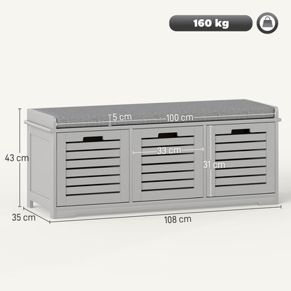 3-Door Shoe Storage Bench Cushion Seat Slatted Doors, Grey