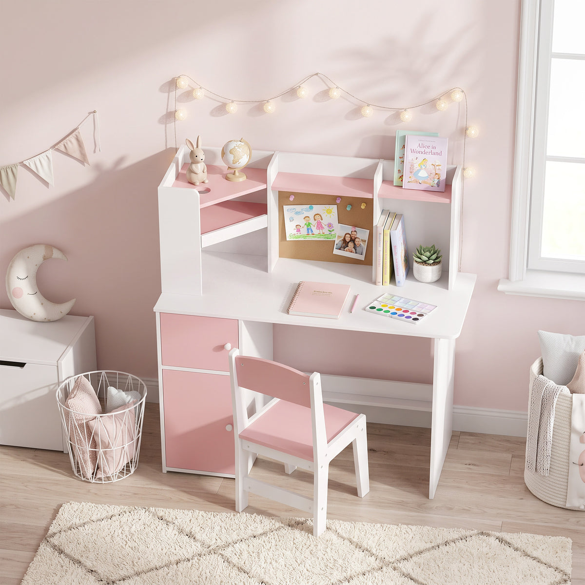Kids Desk and Chair Set w/ Cabinets for Ages 5-12 Years, Pink