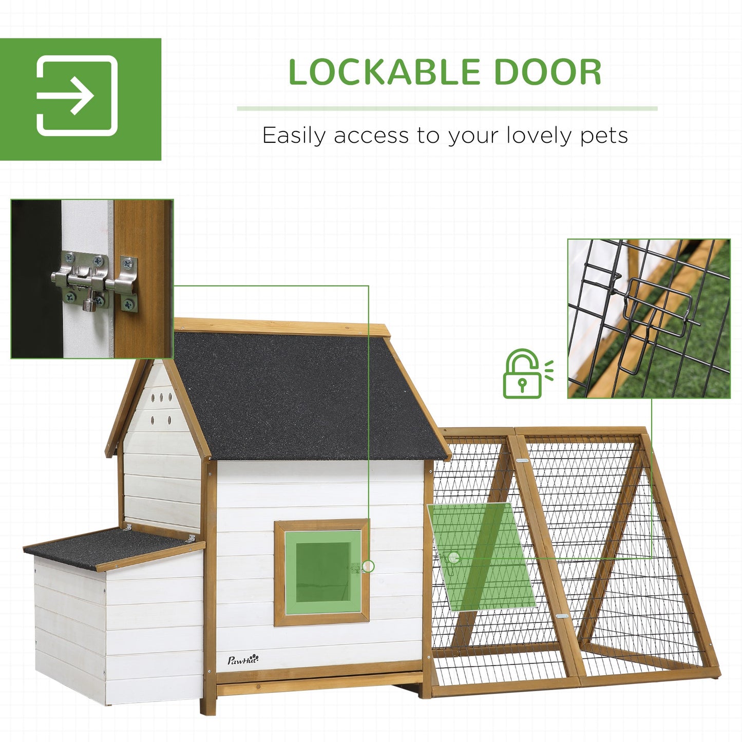 Chicken Coop, Hen House, Wooden Poultry Cage with Outdoor Run, Nesting Box, Removable Tray, Window and Lockable Door, 197 x 93 x 110cm