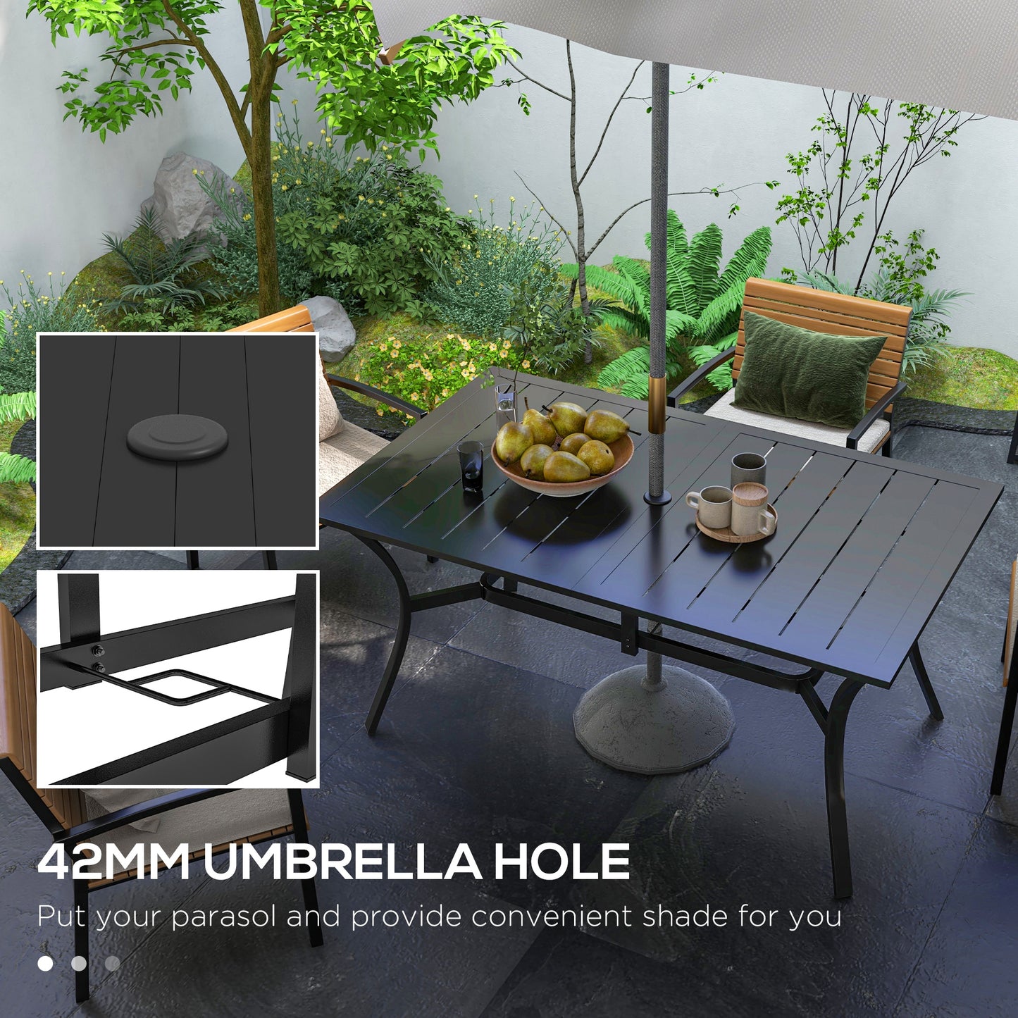 Rectangle Garden Dining Table with Parasol Hole, Patio Table with Steel Frame and Slat Tabletop, 150cm x 90cm, Black