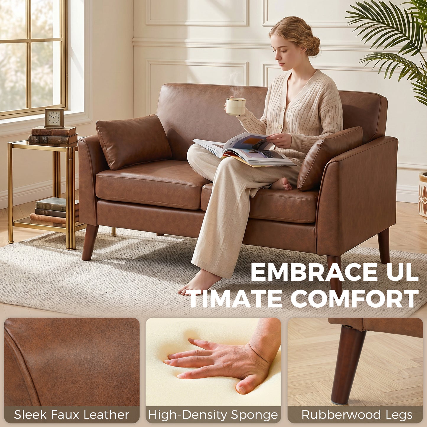 2 Seater Sofa, 132 cm Modern Small Sofa, PU Leather Upholstered Loveseat with Solid Wood Legs and 2 Pillows, Couch Settee for Small Space, Living Room, Bedroom, Home Office, Brown