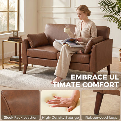 2 Seater Sofa, 132 cm Modern Small Sofa, PU Leather Upholstered Loveseat with Solid Wood Legs and 2 Pillows, Couch Settee for Small Space, Living Room, Bedroom, Home Office, Brown