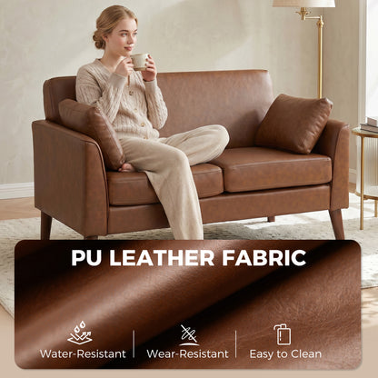 2 Seater Sofa, 132 cm Modern Small Sofa, PU Leather Upholstered Loveseat with Solid Wood Legs and 2 Pillows, Couch Settee for Small Space, Living Room, Bedroom, Home Office, Brown