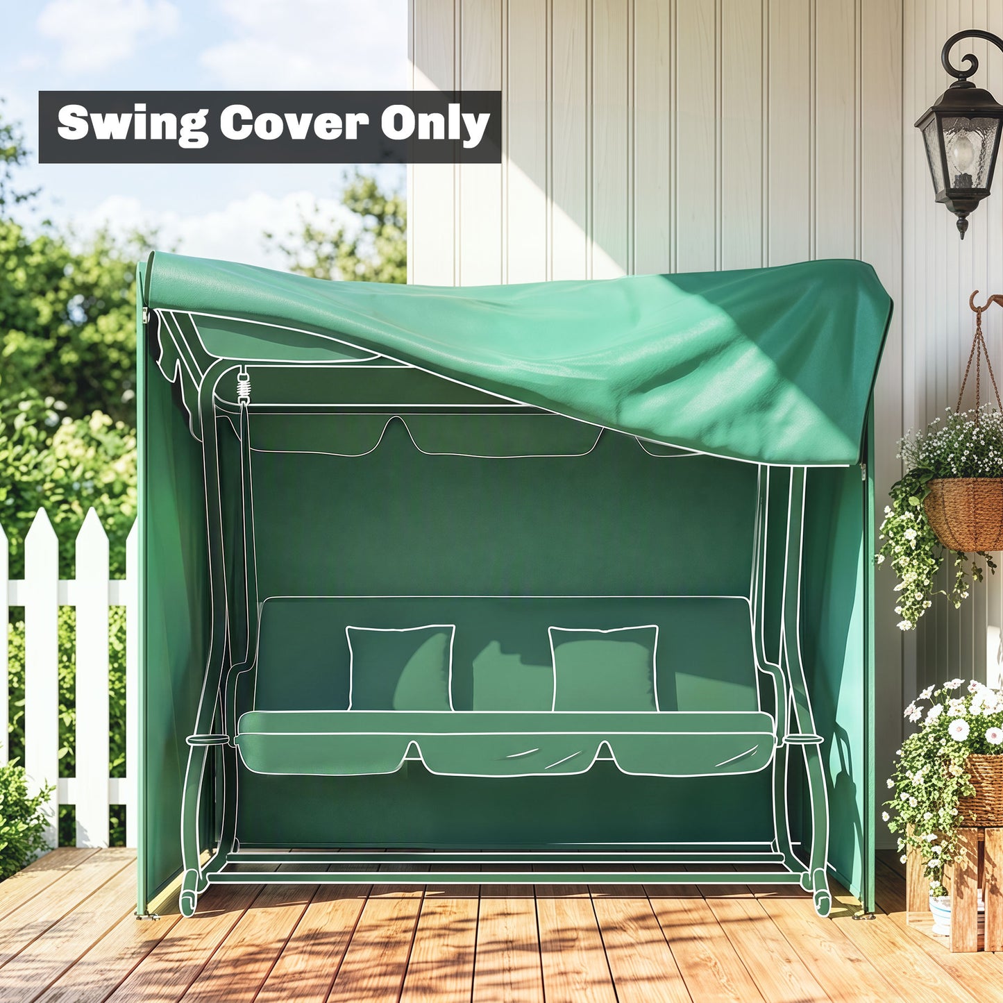 3 Seater Garden Swing Cover, Waterproof 420D Outdoor Swing Bench Cover with Zip, Windproof and Anti-UV, 220 x 125 x 172cm, Green