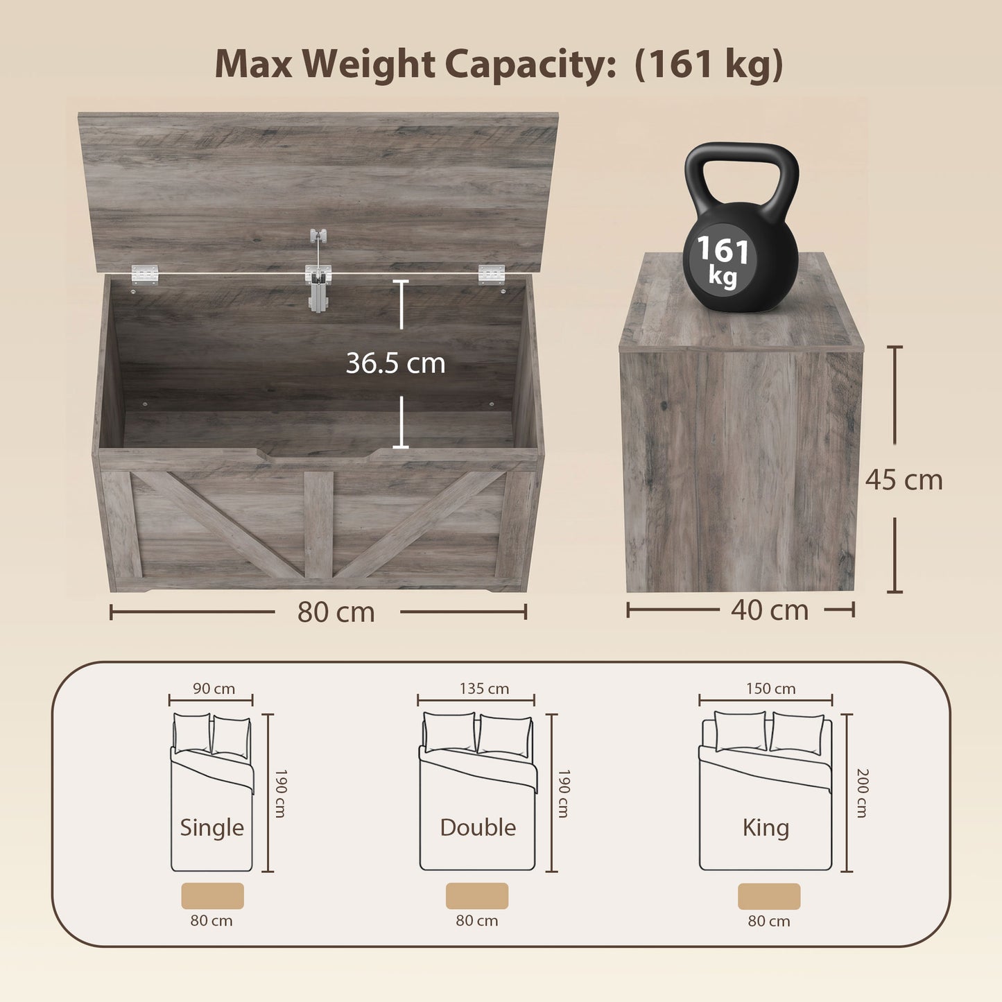 Storage Trunk for Living Room, with Safety Hinge, 80cm, Grey