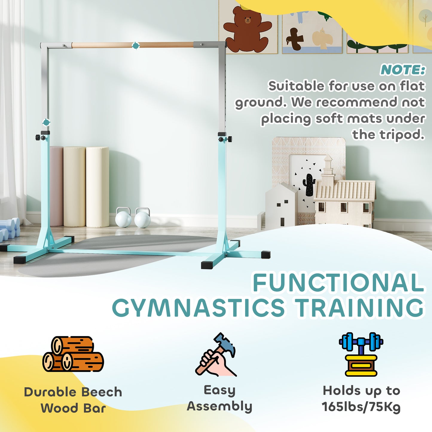 Adjustable Kids Gymnastics Bar Horizontal Training Steel, Light Blue