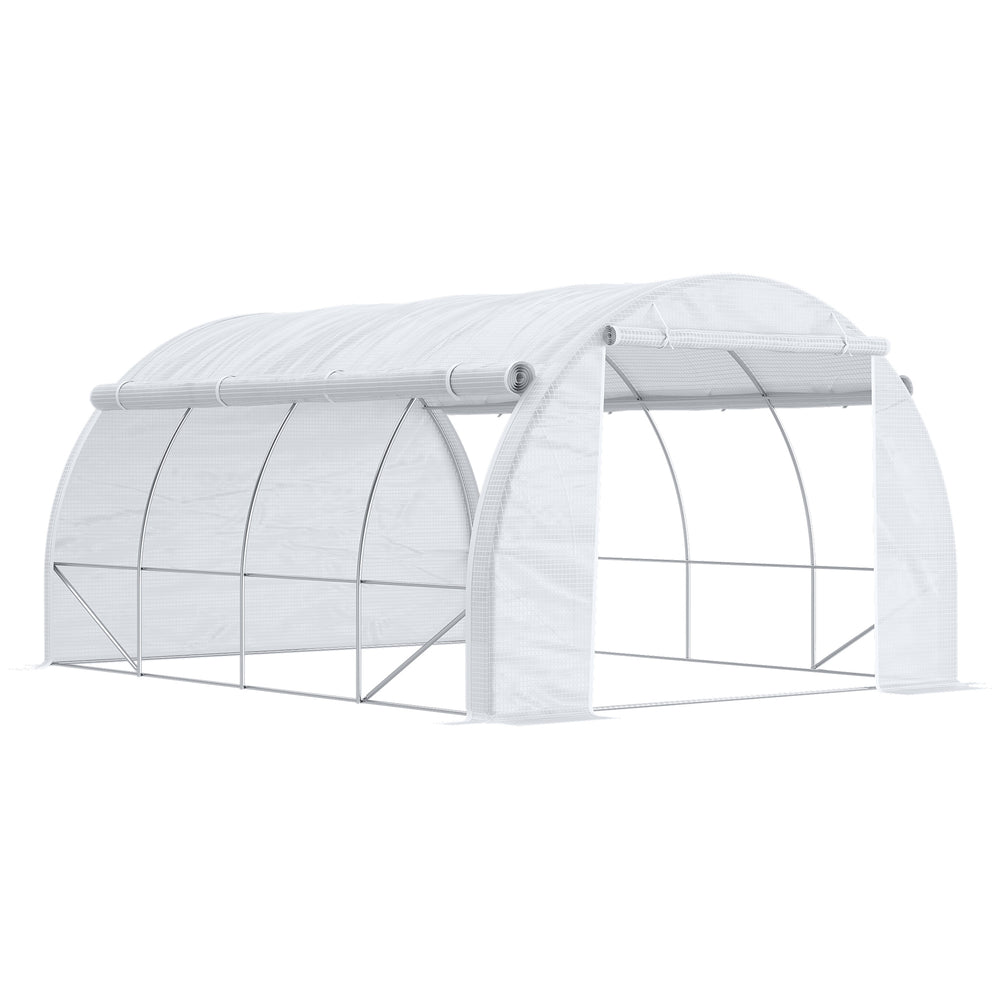 4 x 3 x 2 m Polytunnel Greenhouse with Steel Frame, Reinforced Cover, Zippered Door and 8 Windows for Garden and Backyard, White