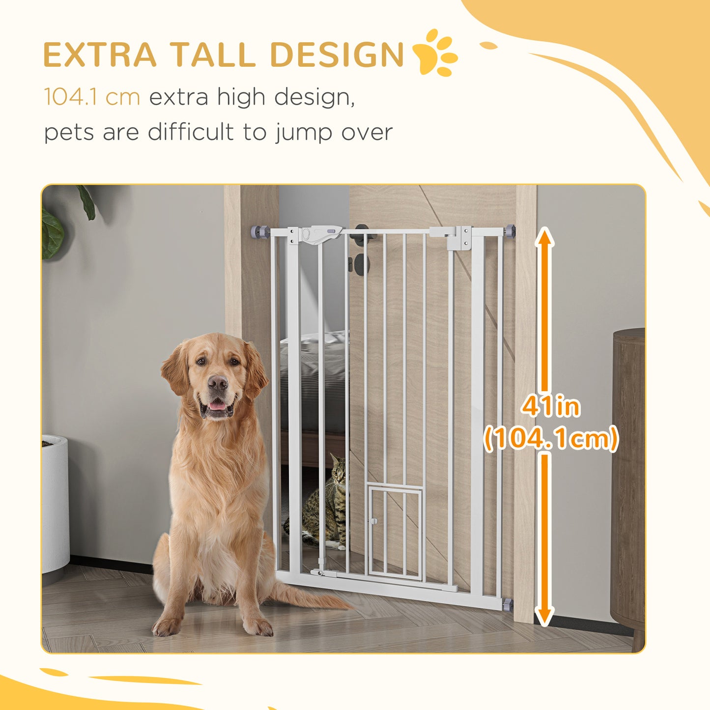 Extra Tall Dog Gate with Cat Door Auto Close for Stairs 74-80 cm Wide