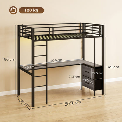 Metal Bunk Bed with Desk, High Sleeper with LED Light and Safety Guardrail