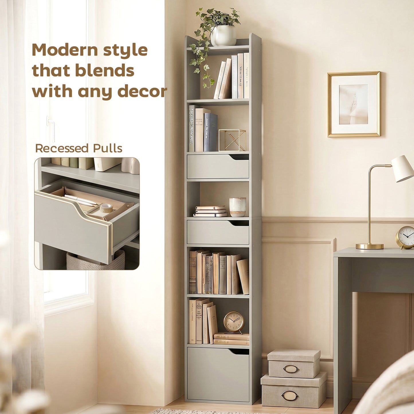 Bookcase with Drawers and Cabinet, 5-Tier Bookshelf, Narrow Tall Storage Cabinet with Anti-Tip for Living Room, Study, Home Office, Grey