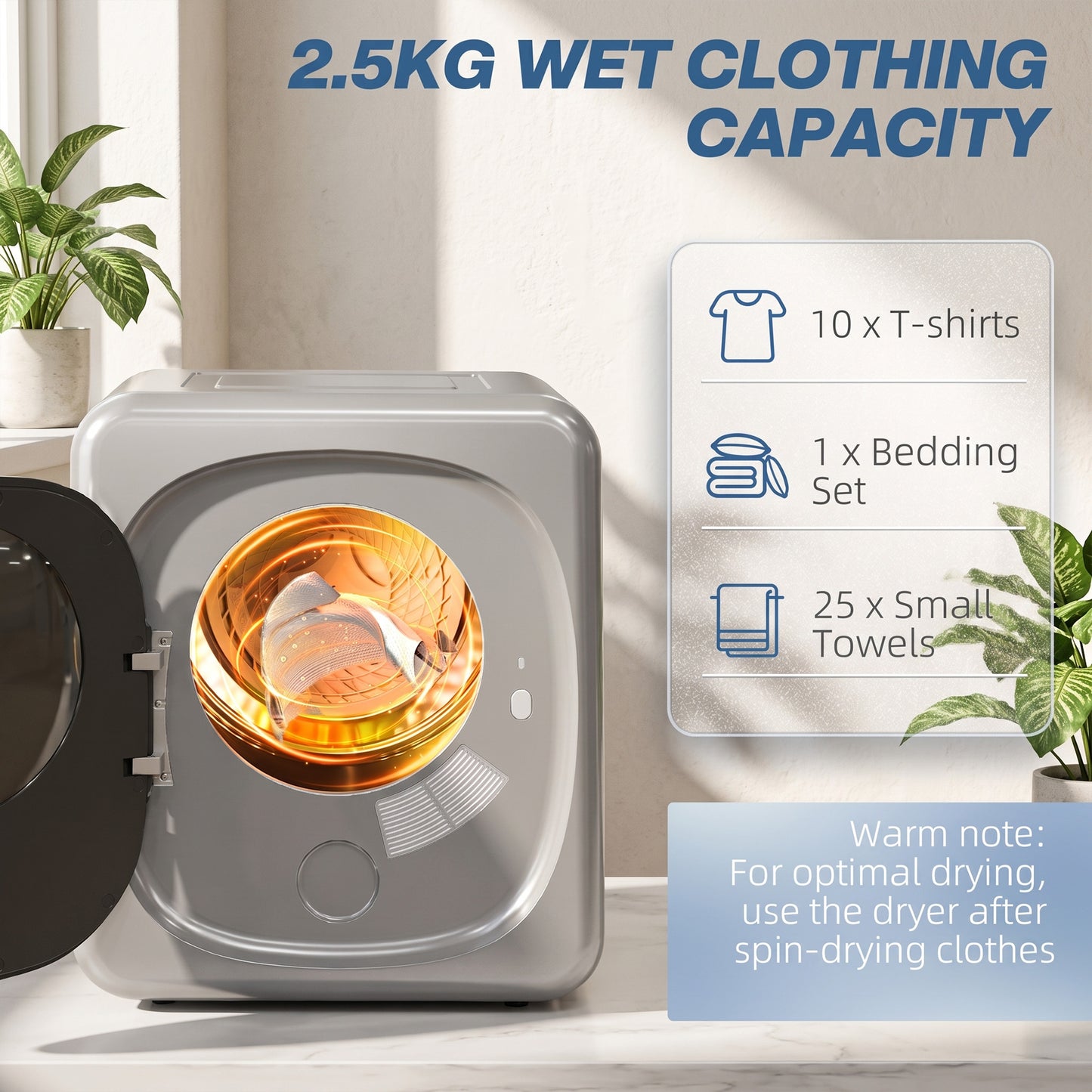 2.5kg 800W Vented Tumble Dryer with Stainless Steel Tub, Silver Tone