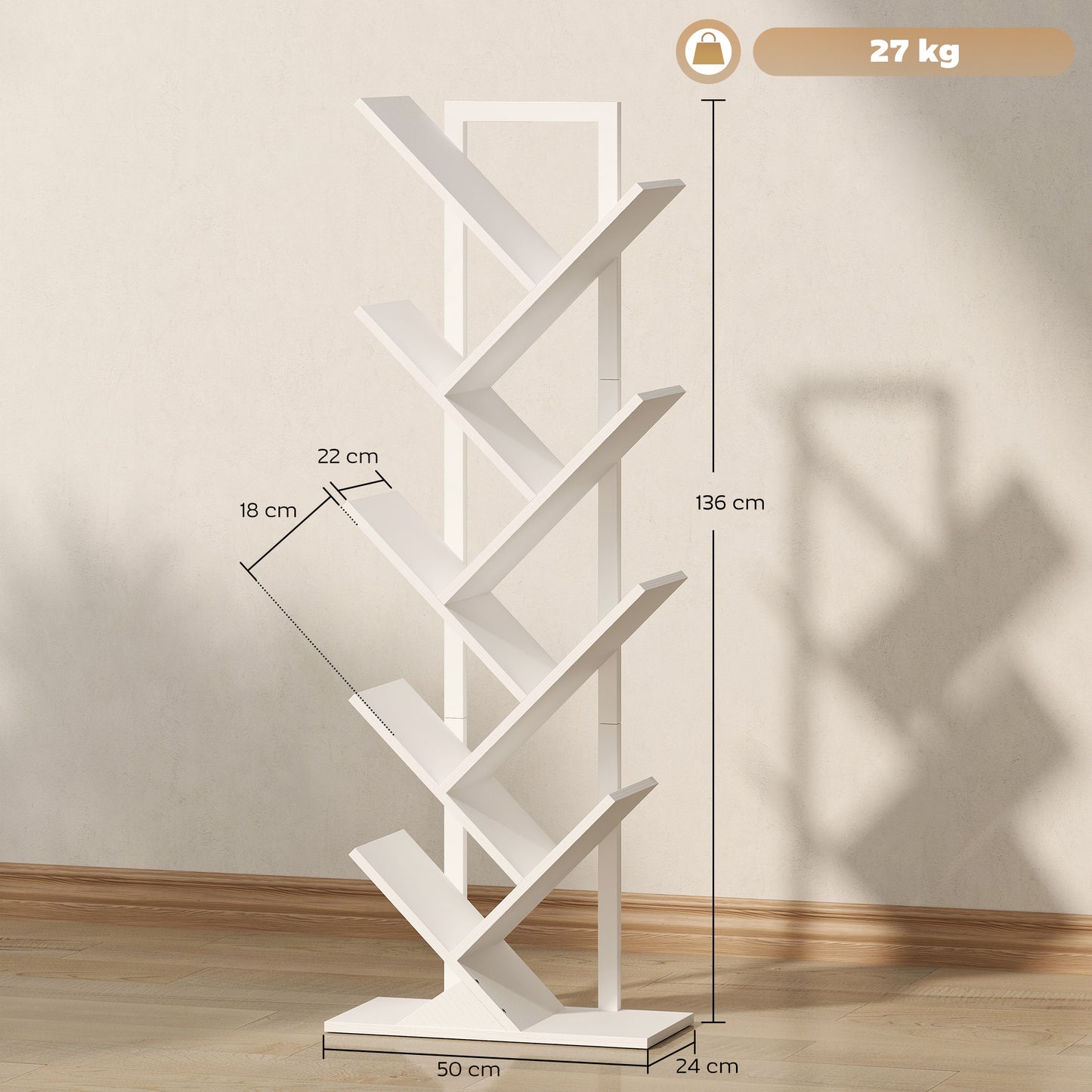 9-Tier Tree Bookshelf with Steel Frame for Living Room, White