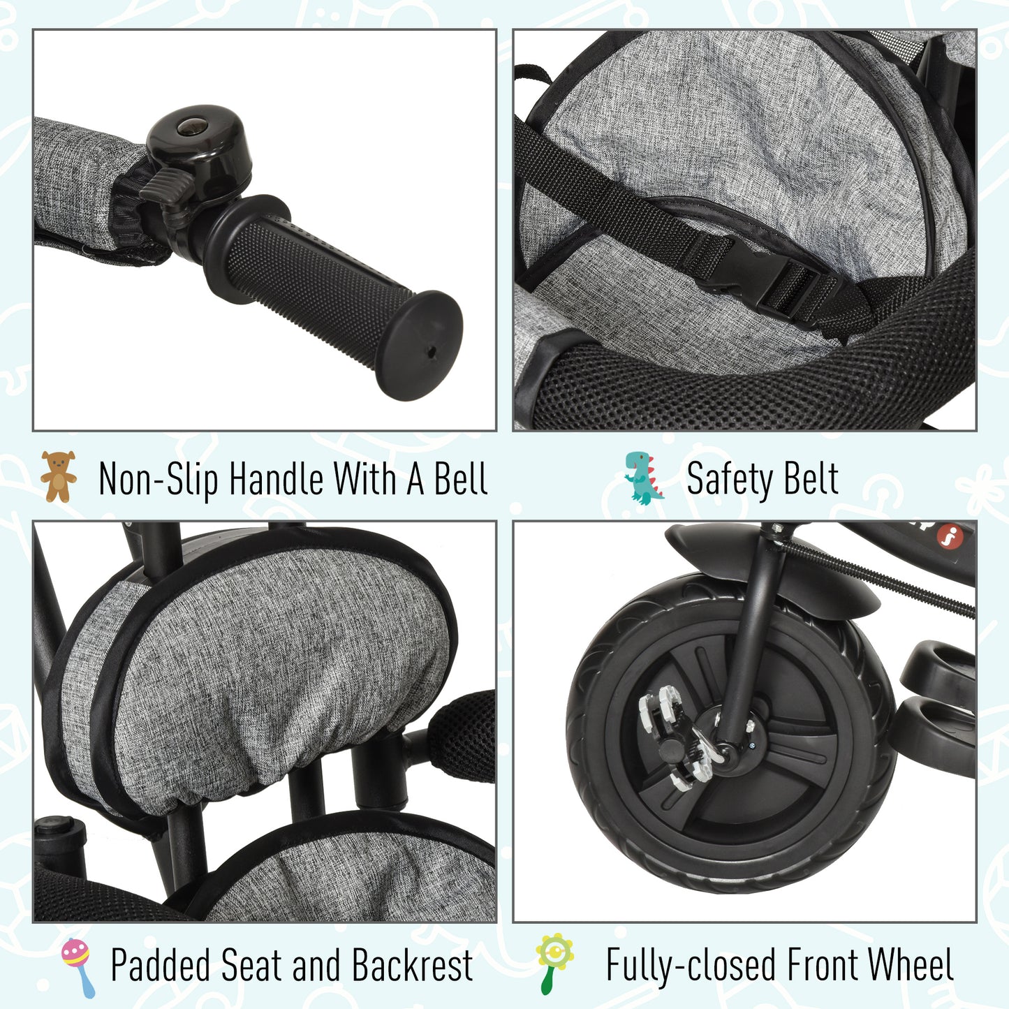Toddler Bike Push Along Trike, 2-in-1 Cloth Tricycle Stroller w/ Push Handle, Detachable Guardrail & Storage Bag, Grey