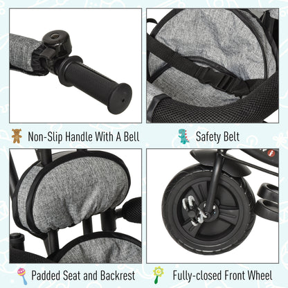 Toddler Bike Push Along Trike, 2-in-1 Cloth Tricycle Stroller w/ Push Handle, Detachable Guardrail & Storage Bag, Grey