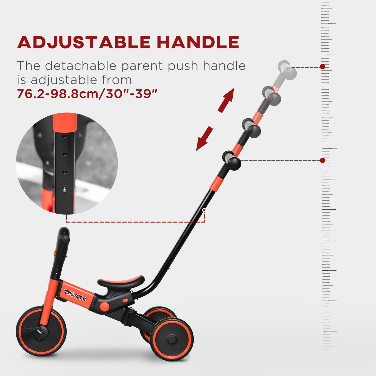 4-in-1 Tricycle for Kids, Baby Trike with Adjustable Push Handle, Detachable Foot Rest for 18-60 Months, Red