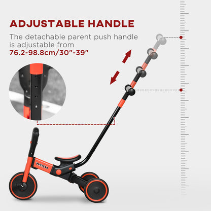 4-in-1 Tricycle for Kids, Baby Trike with Adjustable Push Handle, Detachable Foot Rest for 18-60 Months, Red