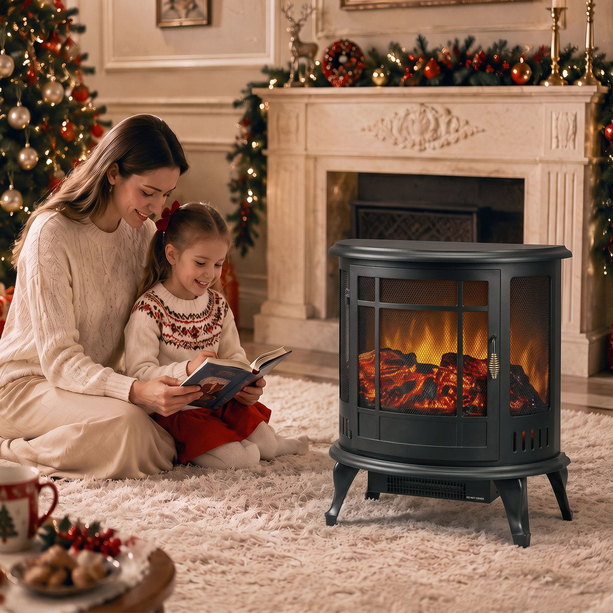 Electric Fireplace Stove with Realistic Flame, Fire Place, Black