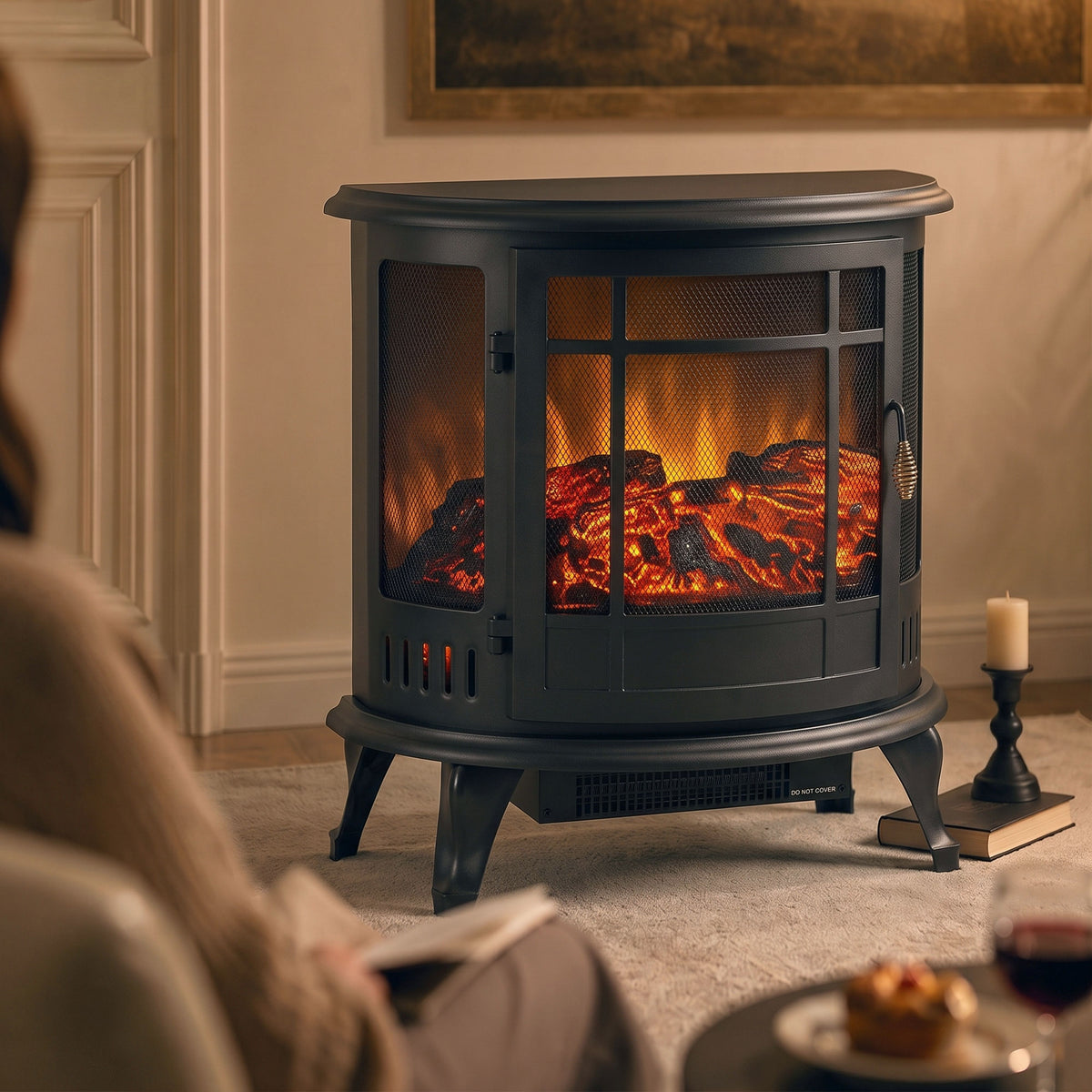 Electric Fireplace Stove with Realistic Flame, Fire Place, Black