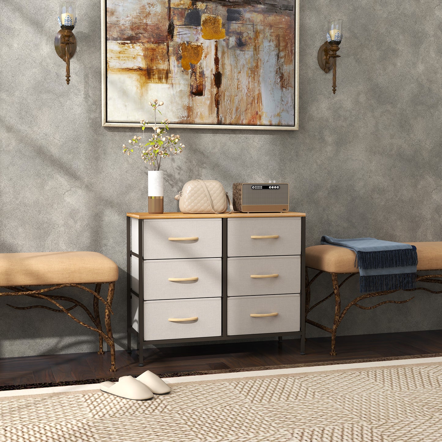 6 Drawer Fabric Chest of Drawers w/ Wooden Top for Hallway Cream