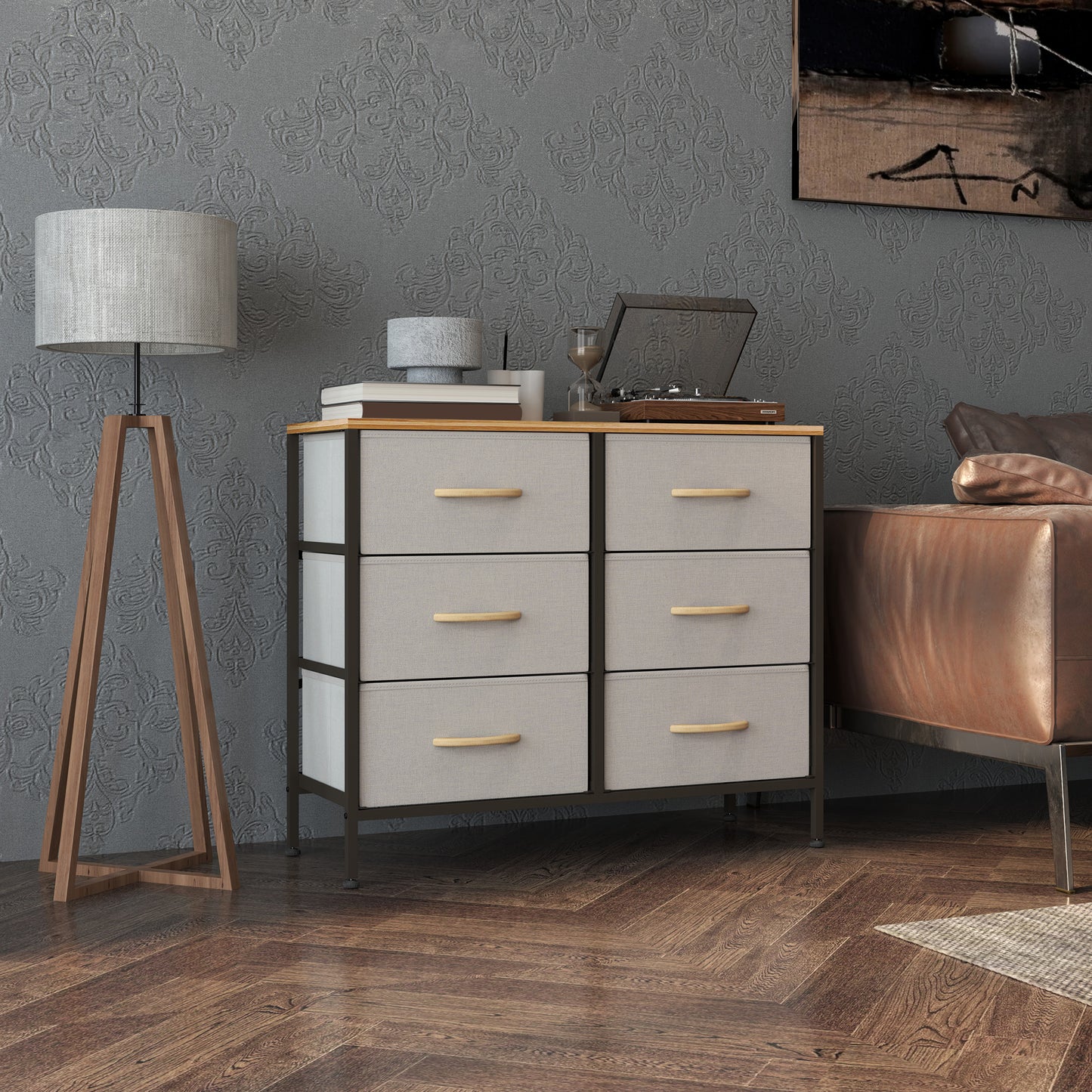 6 Drawer Fabric Chest of Drawers w/ Wooden Top for Hallway Cream